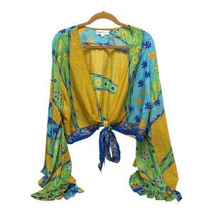 Karma Nepal Crafts Multi Color Wrap Tie Top Bell Sleeve Boho Hippie Earthy L/XL